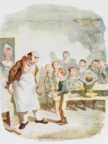Oliver Twist asks the workhouse master for more.